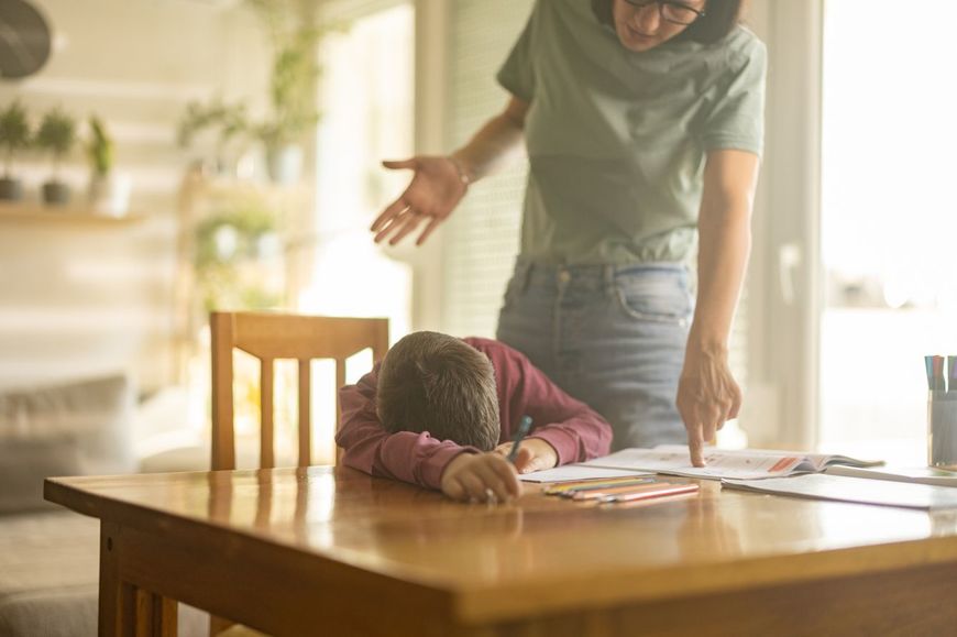 宿題をしている息子と母親