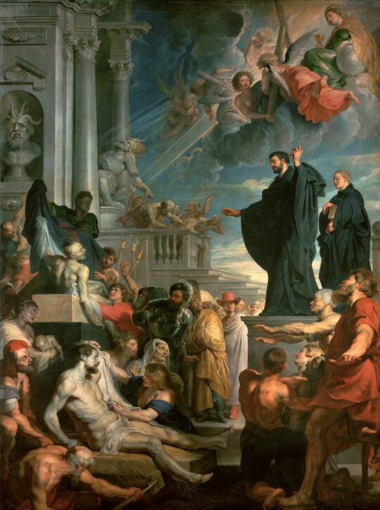 イエズス会は1534年に結成され、積極的に海外布教を行った。絵はピーテル・パウル・ルーベンスによる「聖フランシスコ・ザビエルの奇蹟」（1617-1618）。（美術史博物館所蔵）
