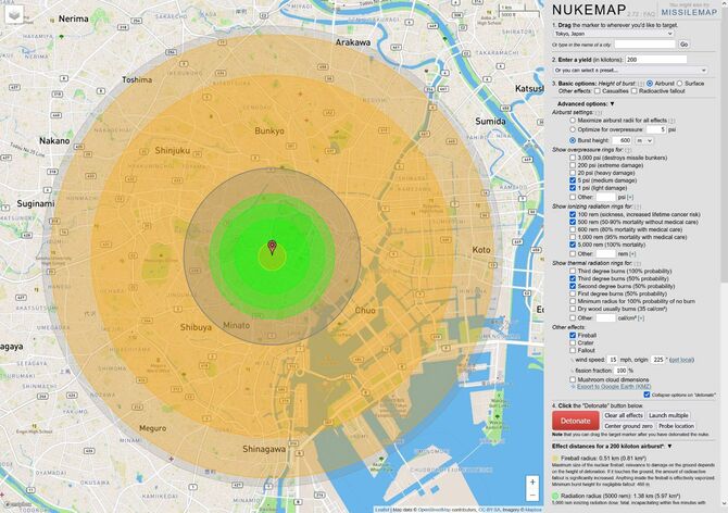 核兵器が東京で炸裂した場合のシミュレーションマップ