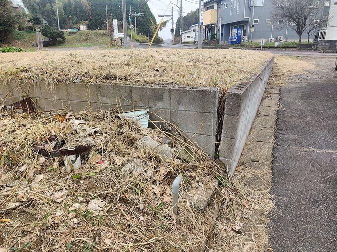 土壌の膨張により損壊した擁壁。（千葉県山武市雨坪）