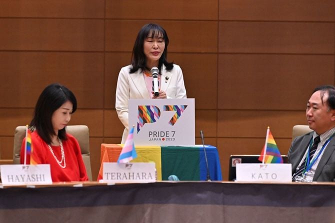 2023年3月30日、東京で開催された「プライド7サミット2023」でスピーチする森まさこ内閣総理大臣補佐官(女性活躍及びLGBT理解増進担当)。