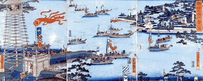 高松城を赤松城として描いた歌川国芳画「赤松之丞水之図」