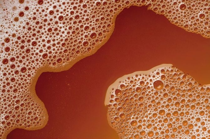 茶色の液体の上に石鹼の泡