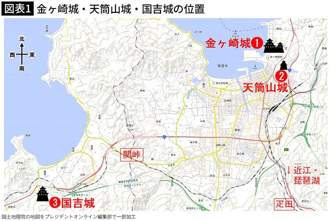 【図表1】金ヶ崎城・天筒山城・国吉城の位置