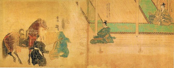 『蒙古襲来絵詞』前巻、絵十。安達邸で安達泰盛から馬を拝領する竹崎季長。