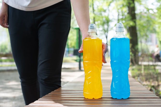 外でスポーツドリンクのボトルを手に取る女性