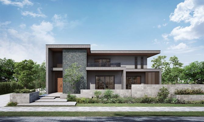 セキスイハイムの技術の粋を凝縮したELVIA。タイル貼りの重厚な庇と袖壁で構成される水平垂直ラインが際立つ、シャープでスタイリッシュな佇まいが美しい。1階と2階に大きく張り出した屋根庇は、深い軒としてゆとりの空間を生み出す。画像は外観イメージ（※1）。