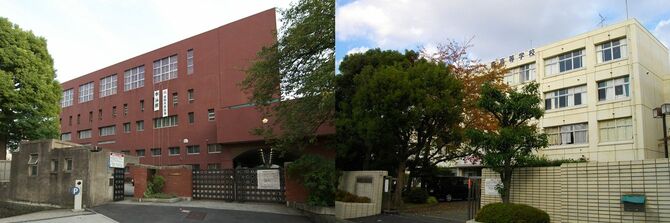 写真左：都立日比谷高校通用門と校舎（写真＝Rs1421／CC-BY-SA-3.0,2.5,2.0,1.0／Wikimedia Commons）／写真右：東京都立大森高等学校（写真＝あばさー／PD-self／Wikimedia Commons）