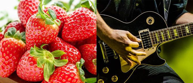 新鮮なイチゴ、ギター