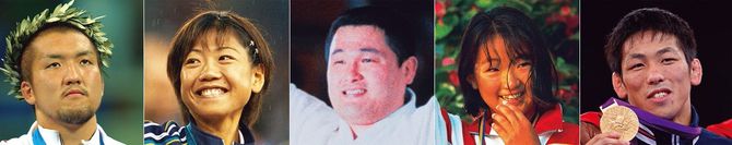 （画像左から）鈴木桂治氏、高橋尚子氏、山下泰裕氏、岩崎恭子氏、米満達弘氏