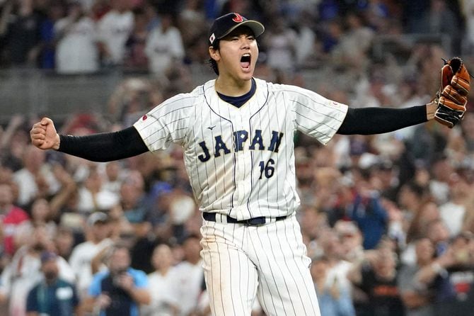 米国を下して優勝を決め、喜ぶ大谷（＝2023年3月21日、アメリカ・フロリダ州マイアミ）