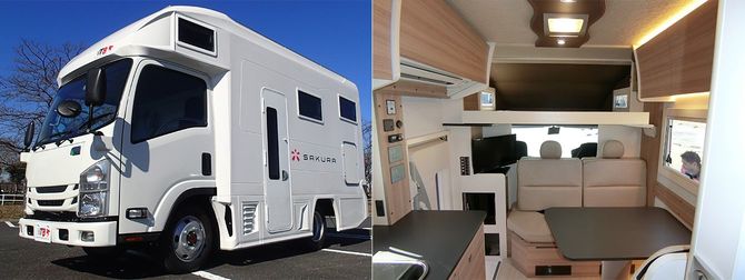 快適さを求める人は、小型トラックに専用の居室を架装した「キャブコン」がおすすめ。客室部分が広く、寝室空間も独立している。
