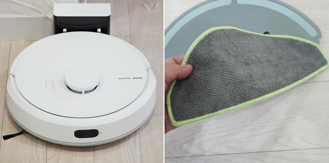 左）ルンバは充電台にごみ収集機能はないのでコンパクト　右）モップパッドが装備されており、水拭きができる