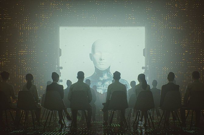 スクリーンに映し出されたサイボーグを、椅子に座って見ている人たち