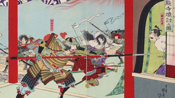 『本能寺焼討之図』（部分）。一番右、障子から顔を出しているのが信長／東京都立中央図書館特別文庫室所蔵　出典＝東京都立図書館デジタルアーカイブ（TOKYOアーカイブ）