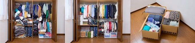 当面の間使わないものを整理してミニクラに3箱預けた（右）場合の家族のクローゼットbefore（左）とafter（中）