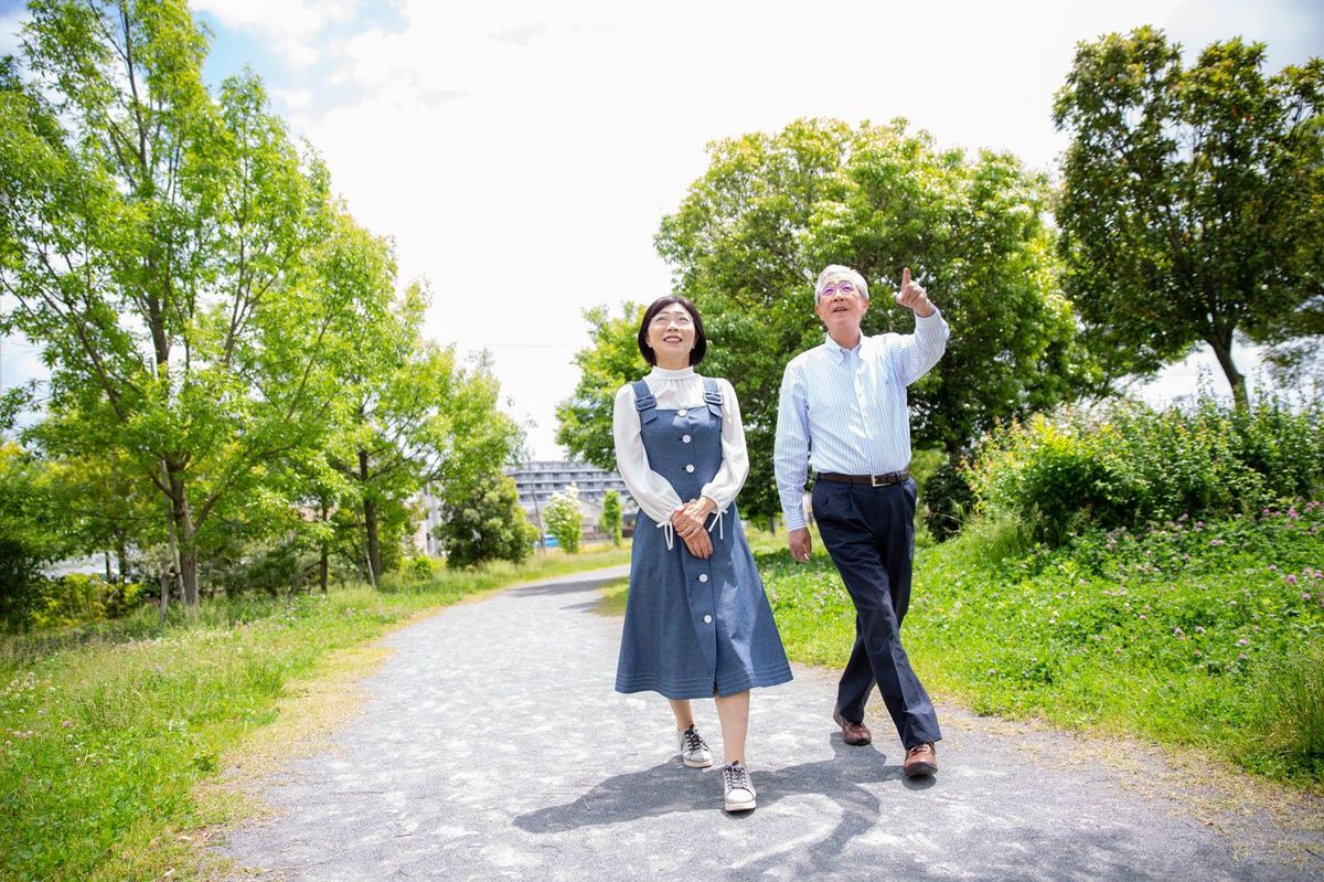 新緑の公園を歩く中年日本人夫婦