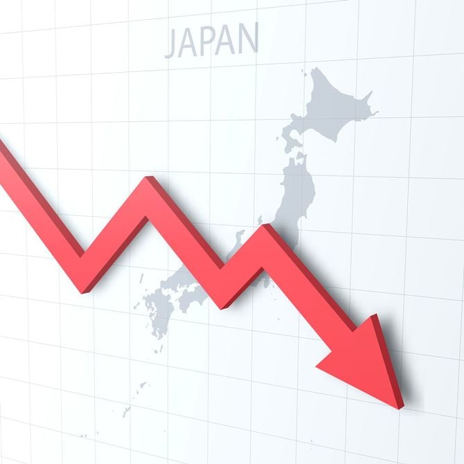 日本地図と右肩下がりの赤い矢印