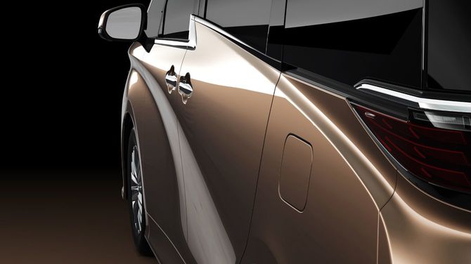 より美しくなったアルファード。フロントフェンダーやサイドスカート部の形状をはじめ、ボンネット先端からリアまで大胆な面変化を施している