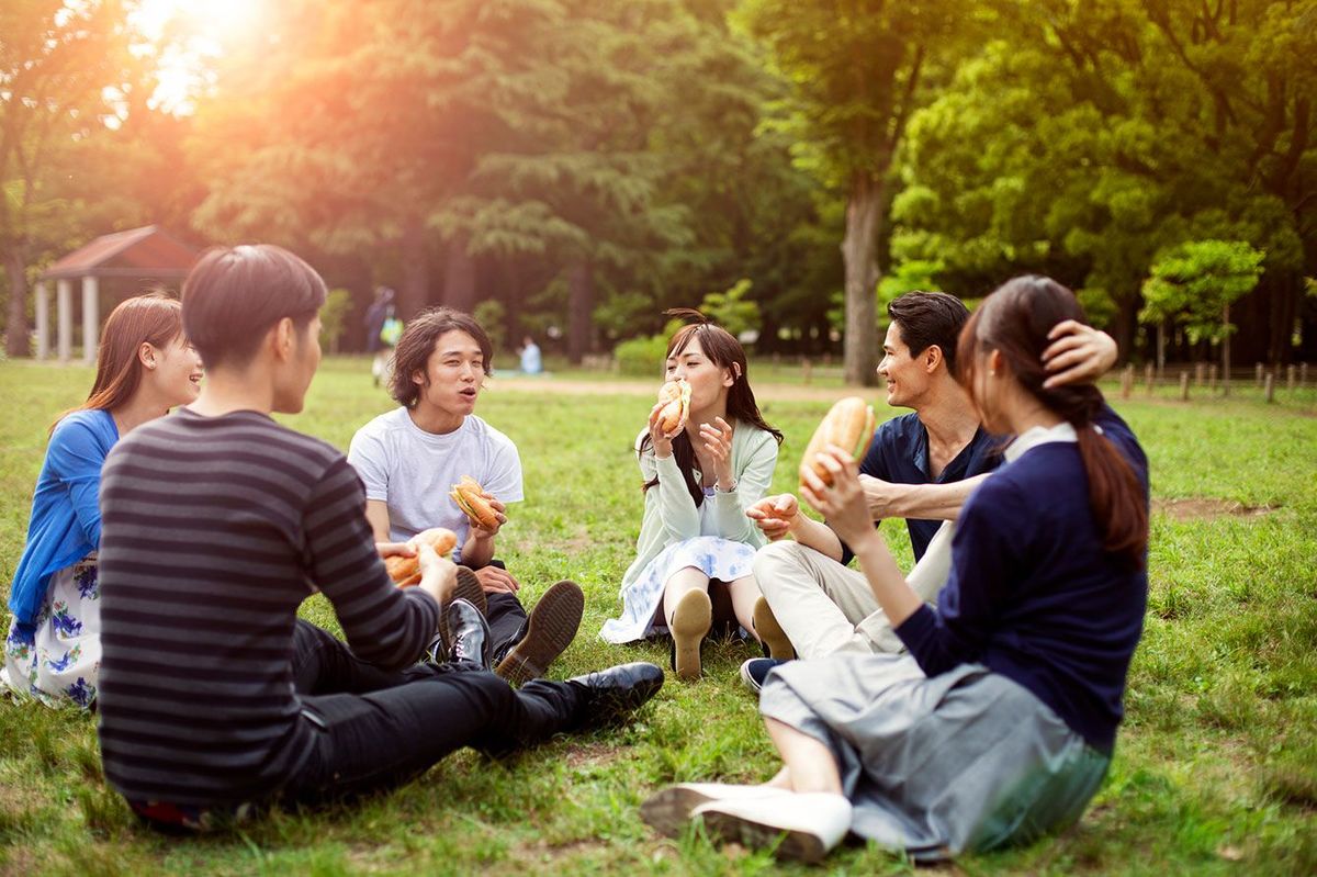 公園の芝生の上に座って食事をしているグループ