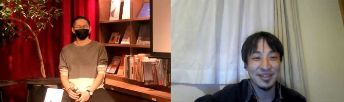 2022年3月19日　梅田蔦屋書店での対談風景。けんすうさんはお店から、ひろゆきさんはオンラインでの出演でした。