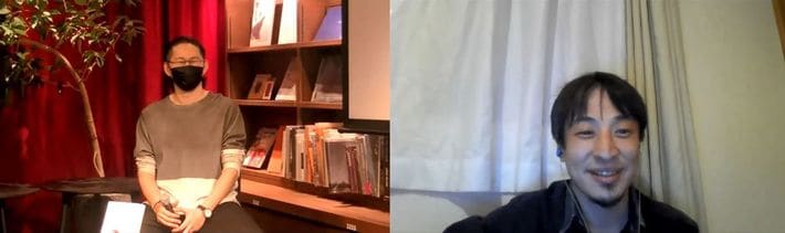 2022年3月19日　梅田蔦屋書店での対談風景。けんすうさんはお店から、ひろゆきさんはオンラインでの出演でした。