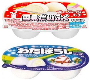 雪見だいふく（2022年春、上）と1980年に発売されたアイスをマシュマロで包んだ「わたぼうし」（下）。