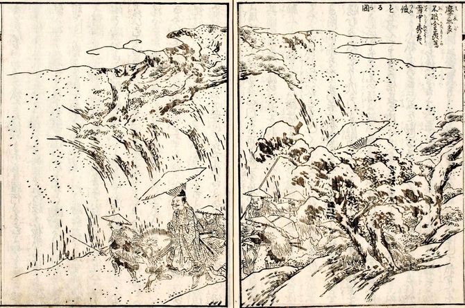『絵本太閤記』では、は前田利家らが和議の使者として秀吉の元へ向かうのは「雪中」つまり雪が積もった時期だったと描かれており、『前田家譜』とは異なる。出典=国文学研究資料館/国書データベース