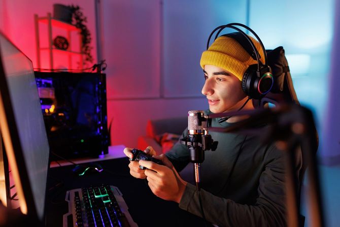 デスクトップPCでゲームをプレイする少年