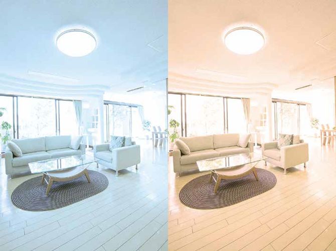 脳を活性化させ、仕事や勉強の効率を高めるのは青白い「昼光色」（左）。一方、オレンジ色の「電球色」（右）はリラックスを促し、創造性を高める（出所＝南涼子『一瞬で心が整う「色」の心理学』）