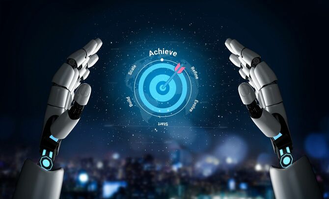 来的なロボットの手が、達成感や目標、願望を表すホログラフィックなターゲットを包む