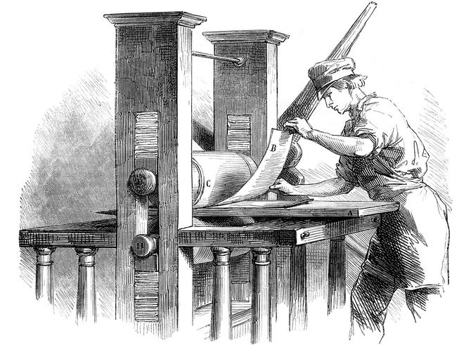 昔の印刷機で作業する人のイラスト