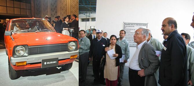 左写真:初代アルト、右写真=インド・マネサール工場を視察する鈴木修氏