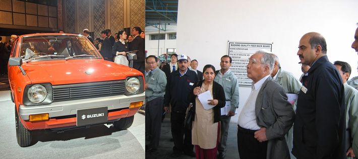 左写真：初代アルトは商用車ベースで売り出された　右写真：インド・マネサール工場を視察する鈴木修氏