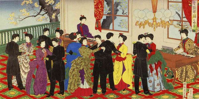 楊洲周延（豊原周延）『貴顕舞踏の略図』／鹿鳴館での舞踏会のようす