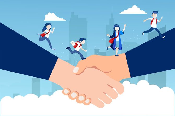 握手した手の上を渡る小学生のイラスト