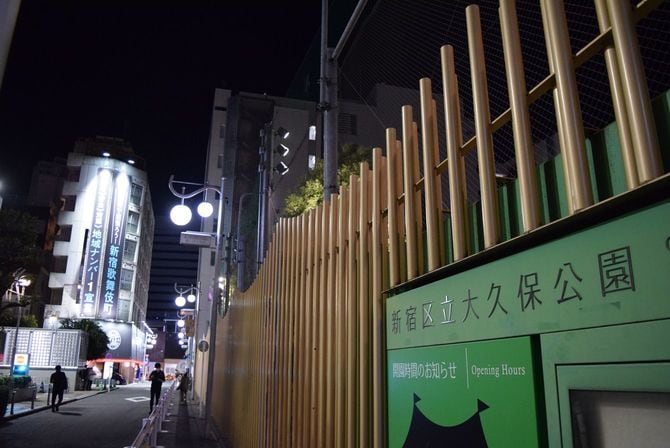 売春行為をする女性が集まる大久保公園。特にこの道路と反対側に立つ女性が多い