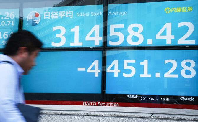 史上最大の下げ幅となる4451円28銭安で終了した日経平均株価の終値を示すモニター＝2024年8月5日午後、東京都中央区