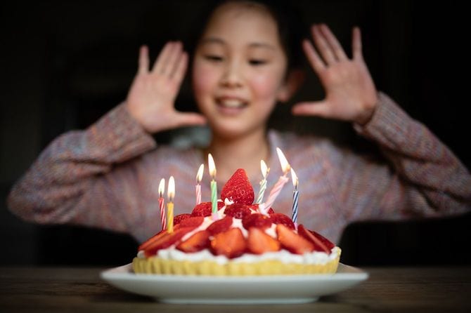 ろうそくを立てたバースデーケーキを見て喜ぶ女の子