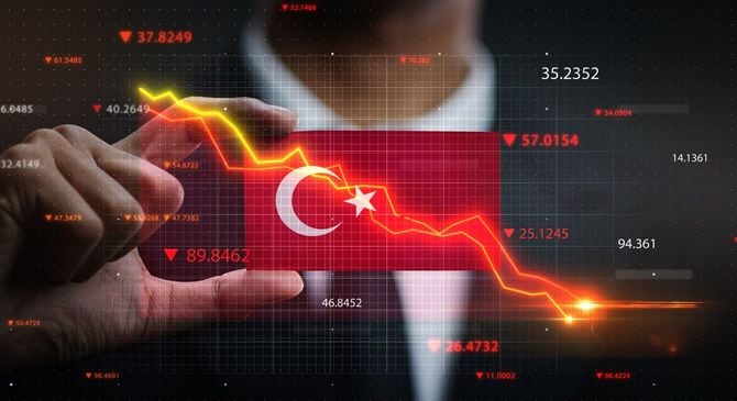 トルコ国旗の前に落ちるグラフ
