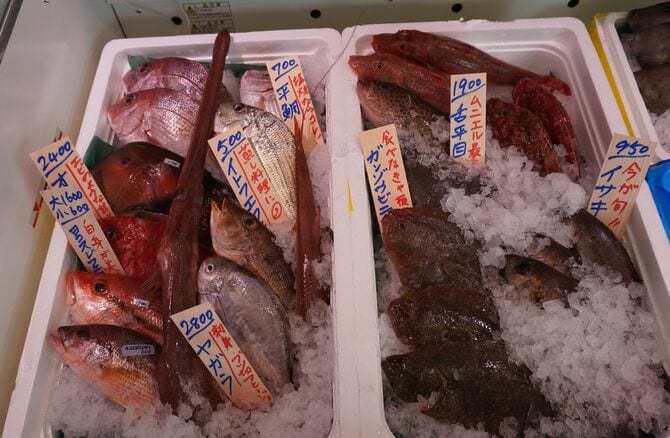 左の箱に入っている細長い赤い魚がヤガラ。サカナヤマルカマではぶつ切りにしてアヒージョにすることを勧めており、ハマる客が続出しているようです