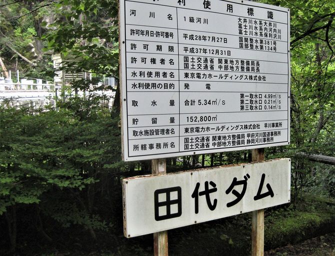 田代ダムの水利権許可の使用標識（静岡市）