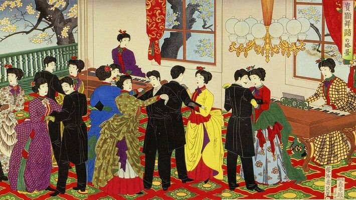 楊洲周延（豊原周延）『貴顕舞踏の略図』／鹿鳴館での舞踏会のようす