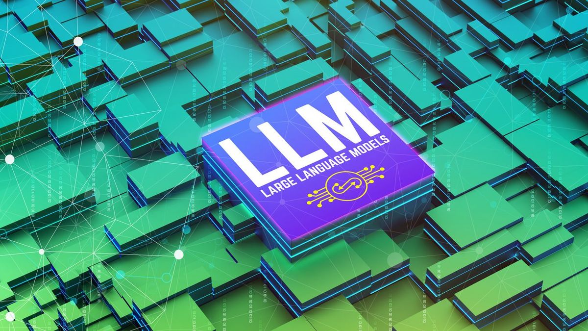 LLM（大規模言語モデル）と書かれたコンピュータのチップ