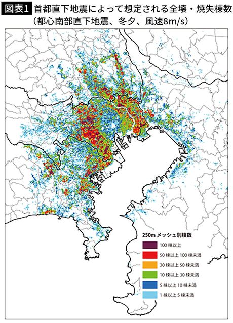【図表1】首都直下地震によって想定される全壊・焼失棟数(都心南部直下地震、冬夕、風速8m/s)