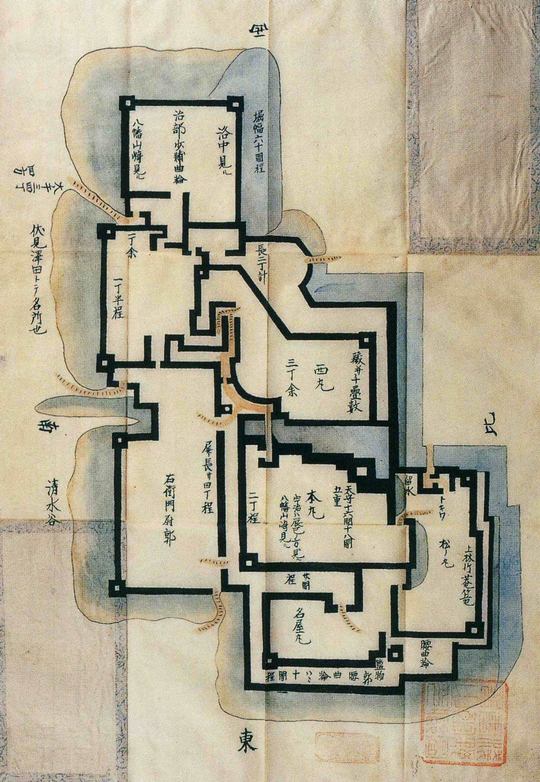 伏見城の見取り図、上部に「治部少舗（三成）曲輪」とある。