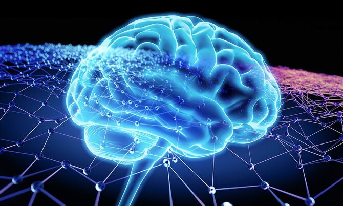 人工知能ネットワークに接続された青い輝く脳