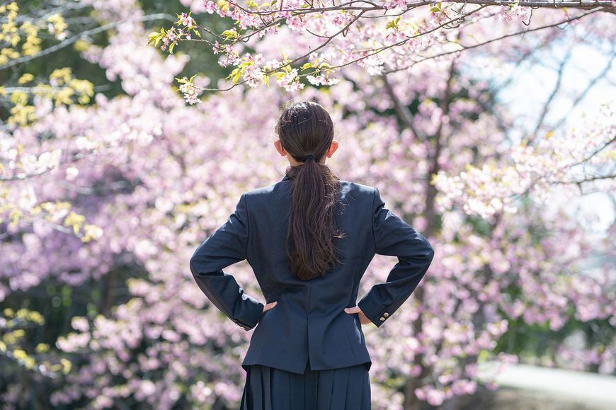 桜の木の前に立つ制服姿の女子学生