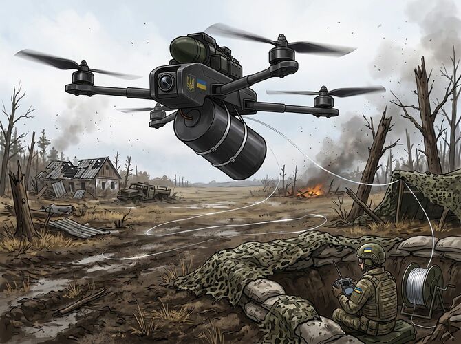 ウクライナで使用されている有線ドローン兵器のイメージ