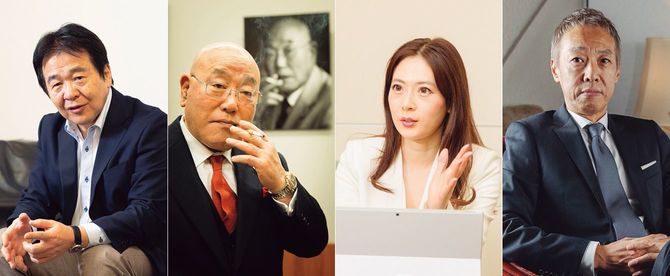 （写真左から）経済学者 竹中平蔵氏、内閣参与 飯島 勲氏、アナリスト 馬渕磨理子氏、投資家・評論家 猫組長（菅原 潮氏）
